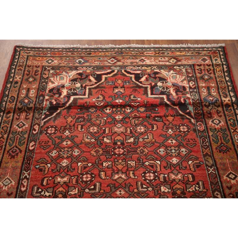 Hand Knotted Oriental 100% Wool Carpet Traditional Medallion Red Hamedan Runner Rug - 9' 3'' X 3' 10''
