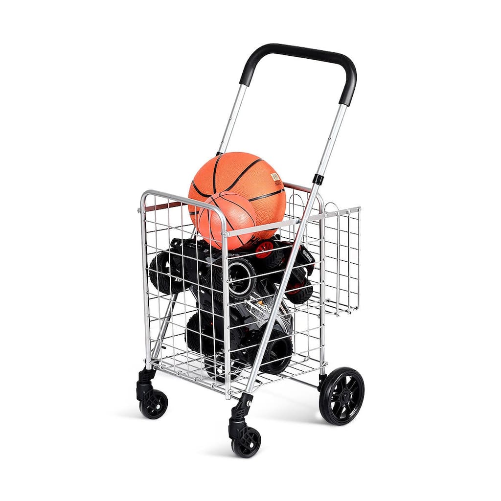 Costway Folding Shopping Cart Jumbo Basket Rolling Utility Trolley - 17'' x 19'' x 35''/37.5''