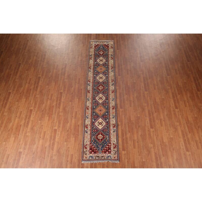 Blue Geometric Khotan Oriental Runner Rug Hand-Knotted Wool Carpet - 2'7"x 11'9"