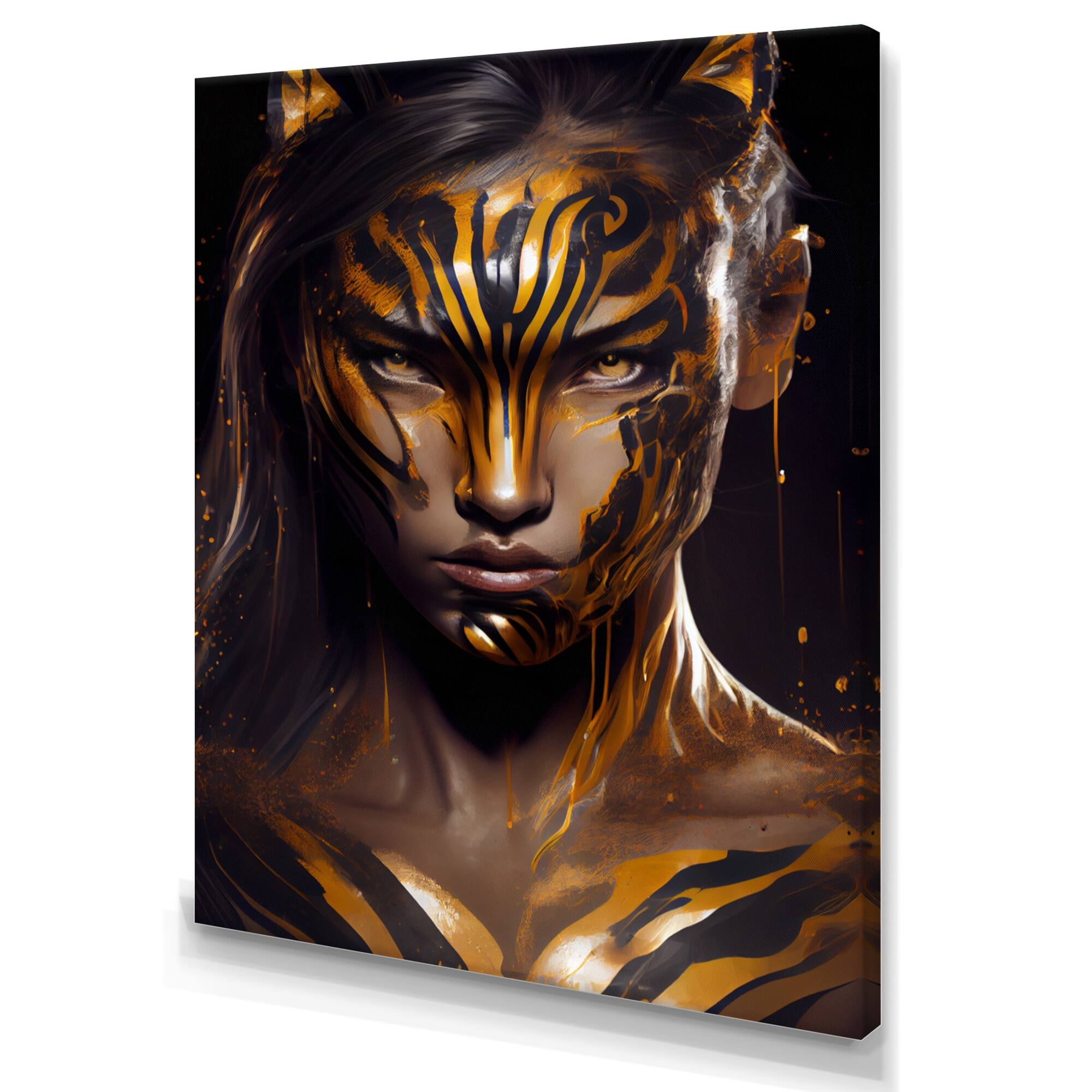 Designart 'Black And Gold Tiger Woman IV' Contemporary Glam Canvas Wall
