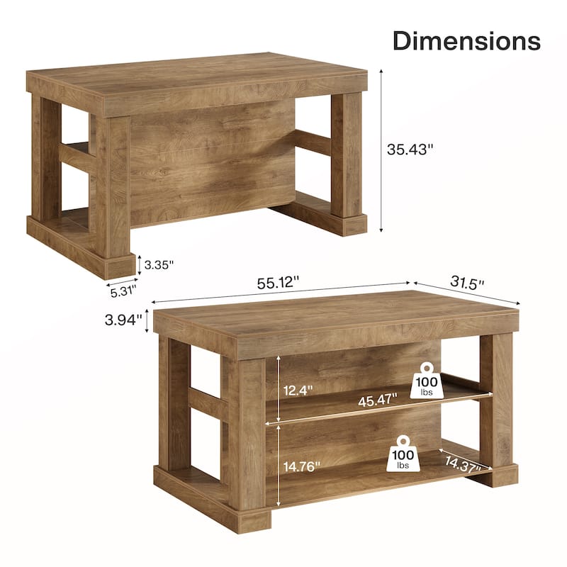 55-Inch Stationary Kitchen Island with Storage Shelves and Large Worktop, Farmhouse Style, Light Brown