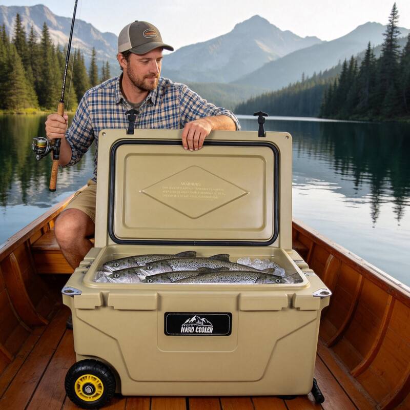 65 Quart Khaki Cooler, Ultra-Tough Hard Shell Ice Chest, Heavy-Duty Insulated Portable Cooler with 6-Day Ice Retention