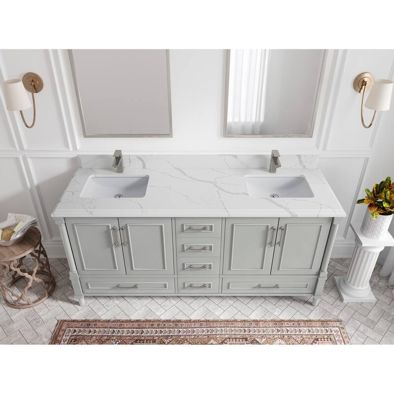 Willow Collections 72 in. W x 22 in. D Aberdeen Double Sink Bathroom Vanity with Countertops - 1.5" Calacatta Laza - Coventry Gray