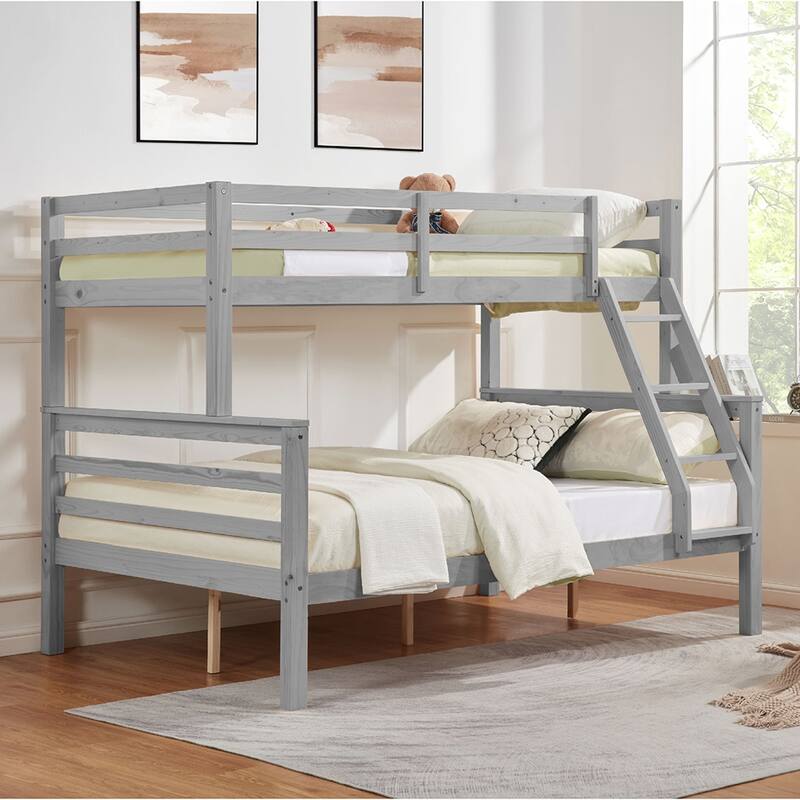 Twin over Full Wooden Bunk Bed,High Guardrail,Ladder,No Box Spring - Grey
