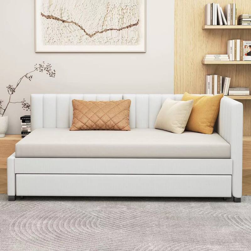 Twin Daybed Frame Linen Upholstered Sofa Bed L Shaped Backrest Mattress Holde Slat Support with Twin Size Trundle - Beige - Twin