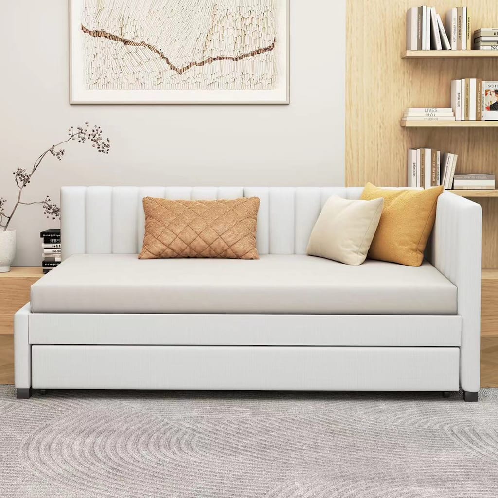 Twin Size Upholstered Daybed with Trundle Bed, L Shaped Linen Fabric Sofa Bed Frame, Living Room Twin Platform Day Bed Frame
