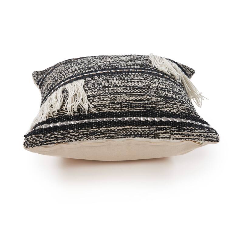 Handwoven Striped Square Throw Pillow with Fringes - 20" - Black and White