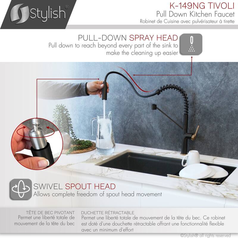 STYLISH Stainless Steel Single Handle Pull Down Sprayer Kitchen Faucet - Faucet Height: 16 3/4" | Spout Height: 7 1/2"