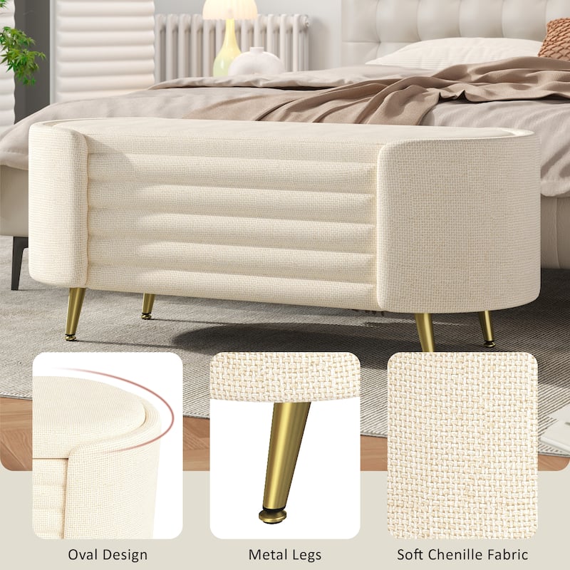 Roomfitters Modern Oval Storage Ottoman Bench, Upholstered Chenille Entryway Shoe Bench, Metal Legs