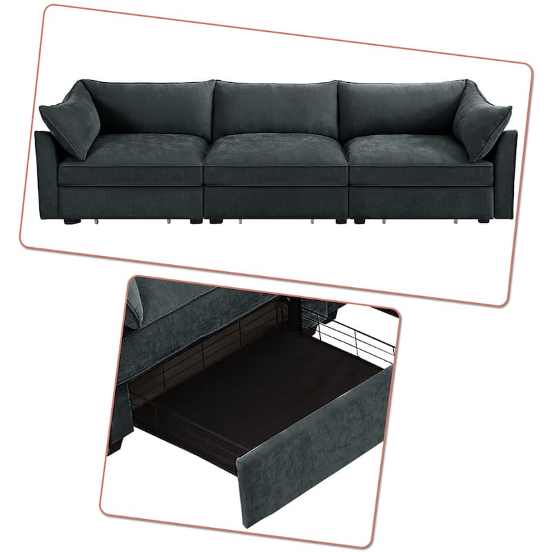 Chenille Fabric Upholstered Three-Seater Sofa with Three Under-Seat Drawers