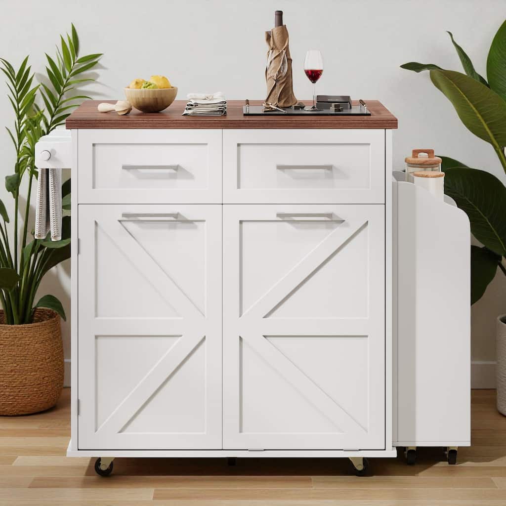 47.2" Farmhouse Kitchen Island with Drop Leaf, Rolling Kitchen Cart with Drawers, Removable Side Racks, and Trash Can Cabinet