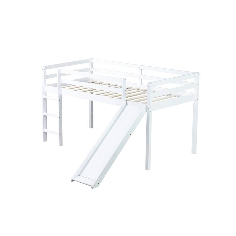 Twin Low Loft Bed with Slide, Ladder, and Storage Space, Rubber Wood Construction with High Guardrails for Safety