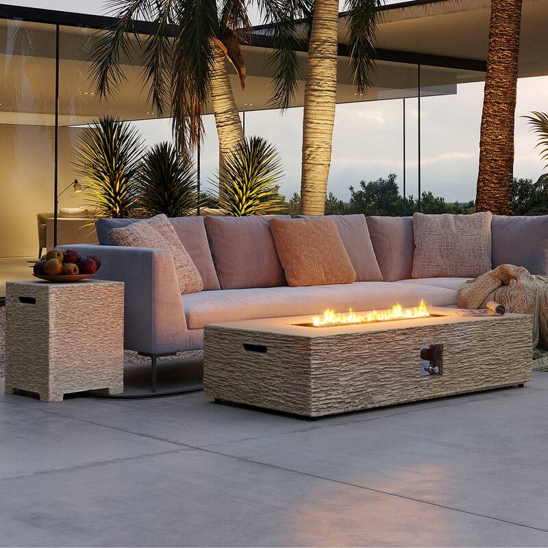 Patio Watcher 56in. Outdoor Rectangle Magnesium Oxide Fire Pit Table with Gas Tank Cover