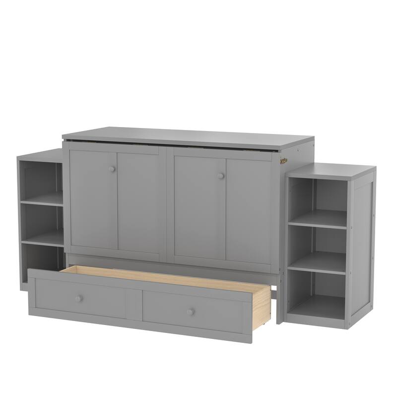 Full Size Murphy Wall Bed with Storage Drawers & Shelves, Space-Saving Design for Guest Room, Studio Apartment & Small Spaces