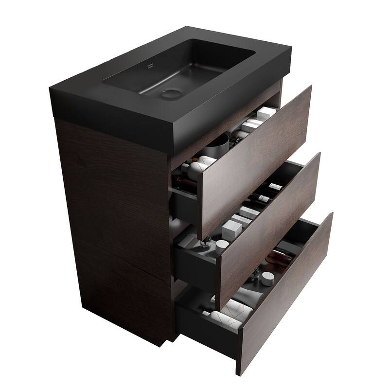 GDFStudio - Alice Walnut Freestanding Bathroom Vanity with One-Piece Matte Black Sink, Modern Handle-Free Design, Pre-Assembled