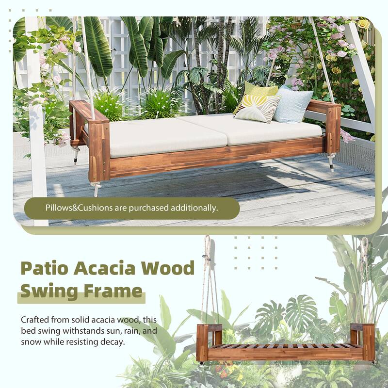 Twin Size Porch Swing Bed Seating Group, Patio Acacia Wood Swing Frame with Hemp Rope
