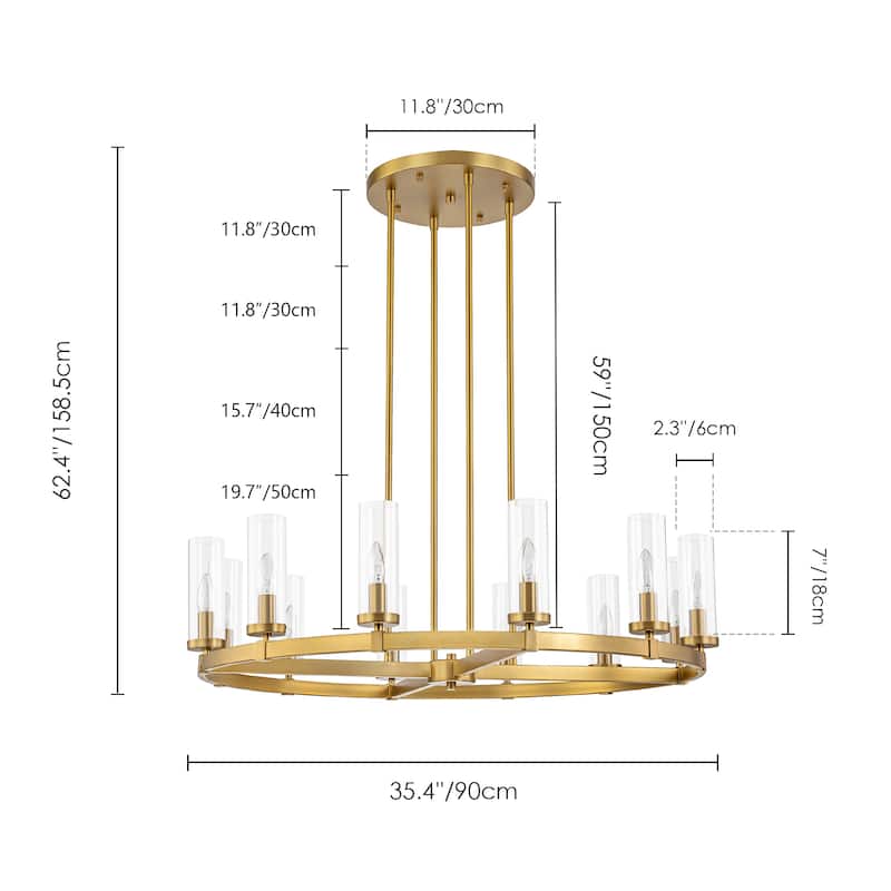 12-Light Mid-Century Modern Cylinder Clear Glass Wagon Wheel Chandelier Gold/Black Large Chandelier