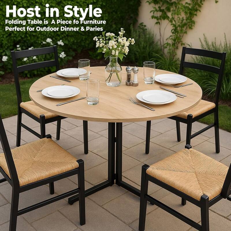 Natural Foldable Round Trifold Table 35" Space Saving Multi Use Design