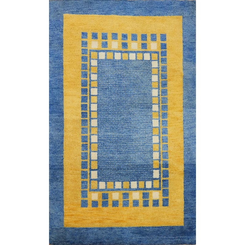 Hand Knotted Oriental 100% Wool Carpet Modern Geometric Navy Blue & Blues Gabbeh Area Rug - 6' 5'' X 4' 5''