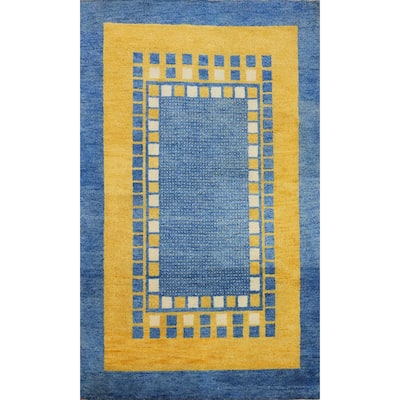Hand Knotted Oriental 100% Wool Carpet Modern Geometric Navy Blue & Blues Gabbeh Area Rug - 6' 5'' X 4' 5''