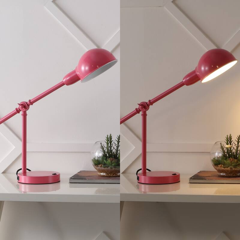 Allegra 20.25" Vintage Industrial Iron Adjustable Dome Shade LED Task Lamp with USB Charging Port, by JONATHAN Y