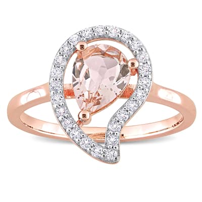 Miadora Morganite and White Topaz Halo Teardrop Ring in Rose Plated Sterling Silver