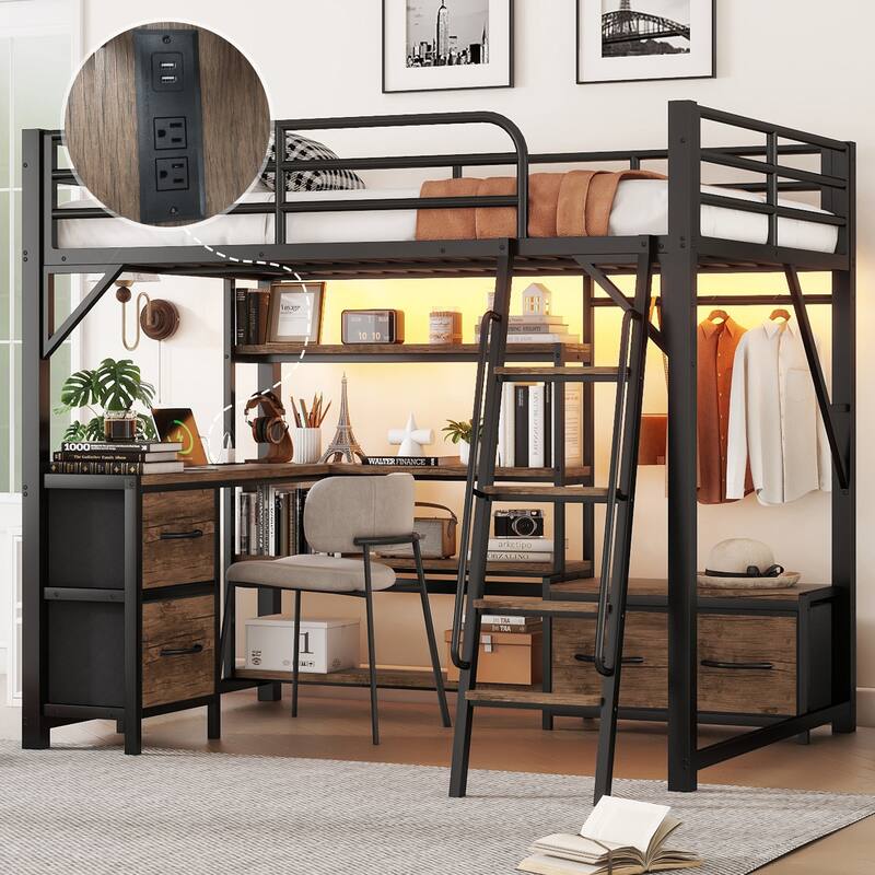 Full Size Loft Bed with Desk, Storage Shelves, Wardrobe, Drawers, and LED Light - Black