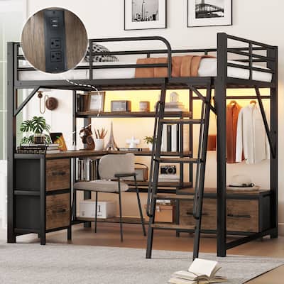 Metal Loft Bed with Led Light and Charge Station, Rustic Loft Bed with Hanging Rod 4 Shelves and 4 Drawers for Small Bedrooms