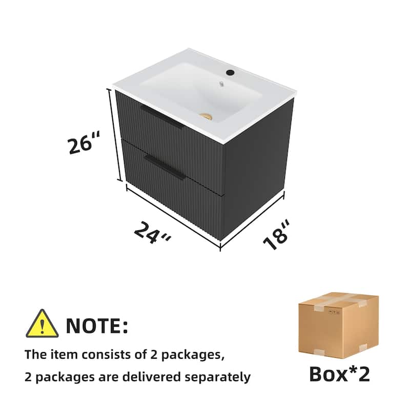 24 Inch Bathroom Vanity Cabinet With Ceramic Sink - Wall Mounted Floating Fluted Vanity With Drawers