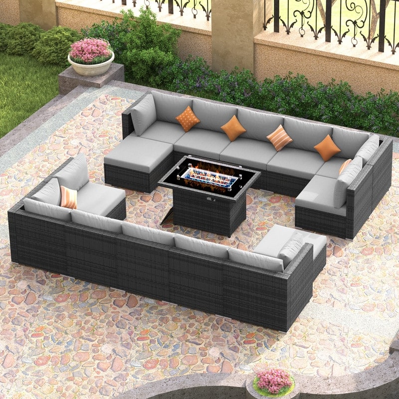 FINCATI Outdoor Grey Wicker Sectional Furniture Patio Sofa Set with Firepit Table