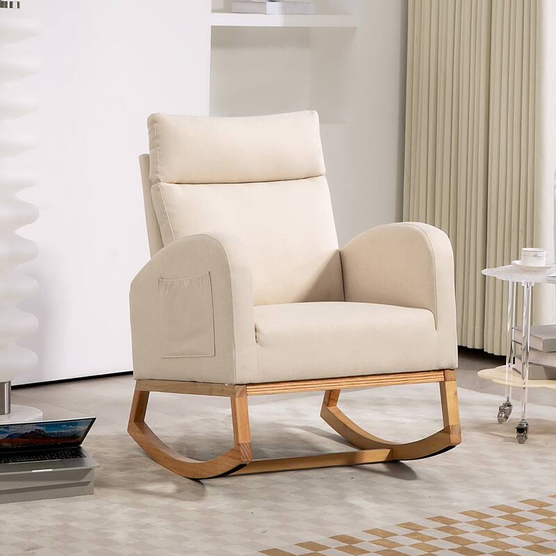 Nursery Chair Rocking Chair Glider Chair, Upholstered Accent Chair with Rubber Wood Legs, Comfy High Backrest, Side Pockets