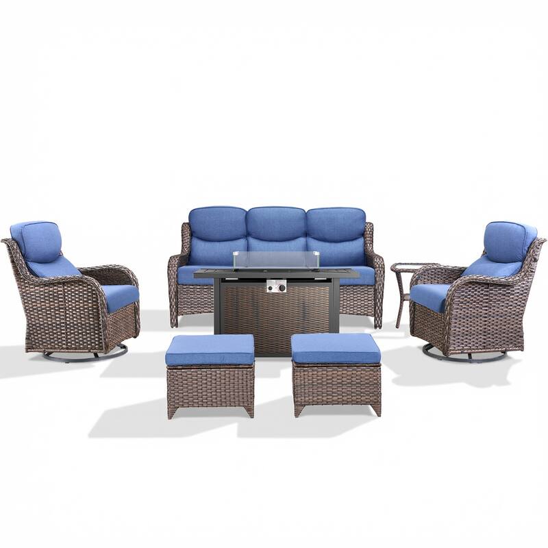 Pocassy Patio Sofa Swivel Chair Set with 43" Fire Pit Table