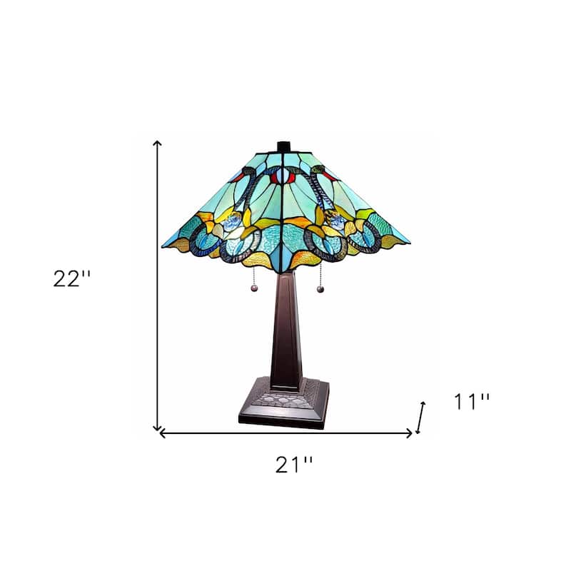 HomeRoots 23" Dark Brown Metal Two Light Table Lamp With Blue and Green Cone Shade - 21' X '23' X '11