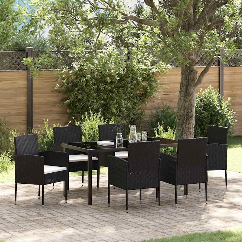 vidaXL Garden Dining Set with Cushion Black Poly Rattan - Black and cream white-20.47x22.05x34.65 in