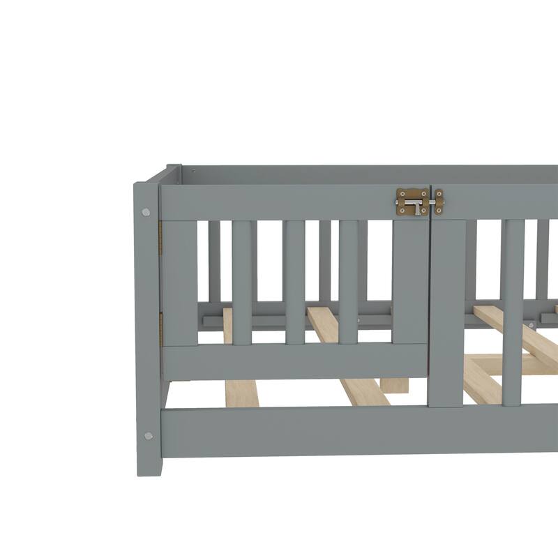 Montessori Toddler Floor Bed with Fence and Switchable Door, Low Profile Bed Frame with Removable Slats, Safe Transition Bed