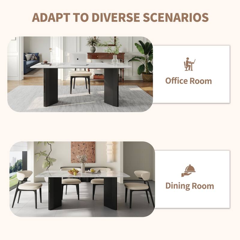 63" Modern Rectangular Writing Desk, Glossy White Sintered Stone Top, Black Stainless Steel Double Base