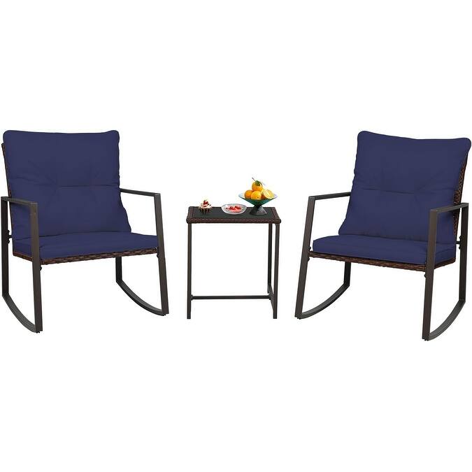 SUNCROWN 3-piece Outdoor Patio Brown/Black Wicker Rocking Chairs Conversation Bistro Set
