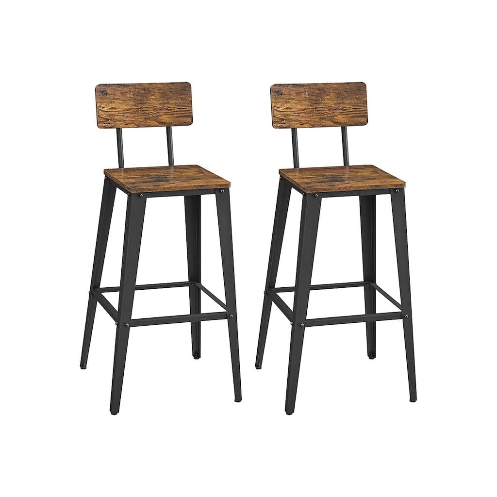 Rustic Brown Black Industrial Bar Stools Set of 2 with Backrest Footrest and Sturdy Metal Legs for Kitchen or Dining Area