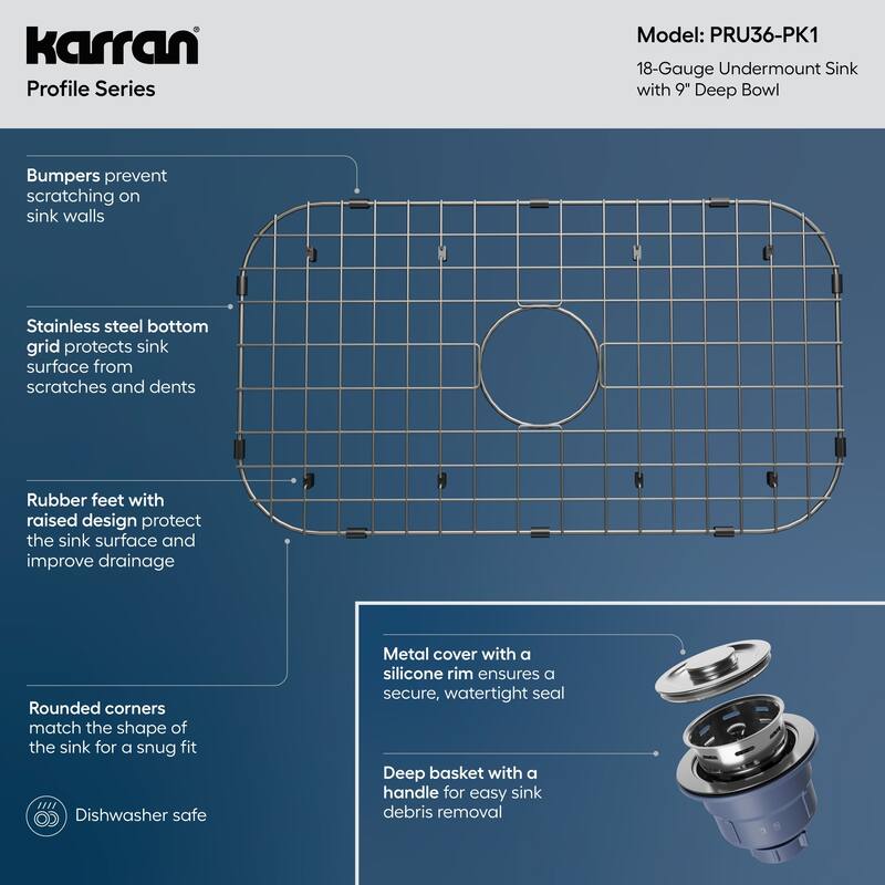 Karran Profile 32” Undermount 18 Gauge Single Bowl Stainless Steel Kitchen Sink with Accessories