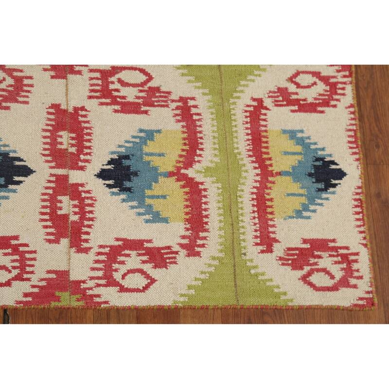 Green Kilim Oriental Area Rug Flatweave Wool Carpet - 5'8"x 8'11"