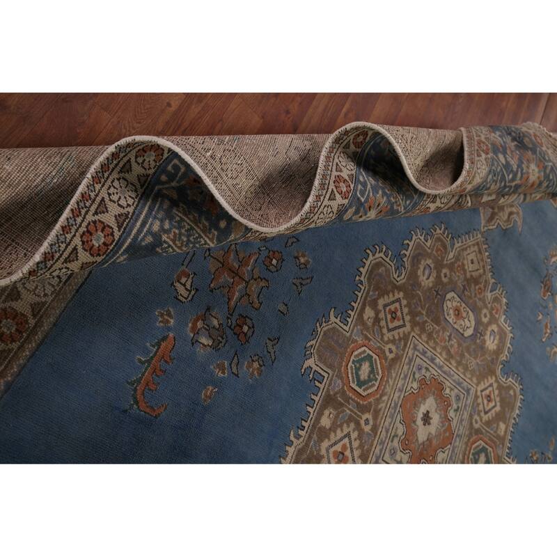 Blue Geometric Tabriz Persian Vintage Rug Hand-Knotted Wool Carpet - 9'6" x 13'1"
