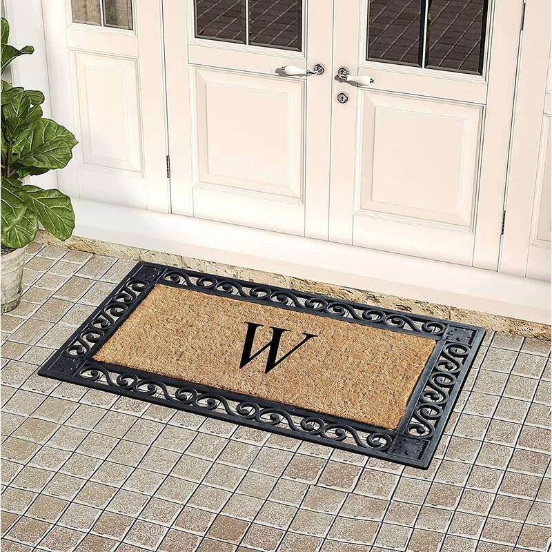 A1HC Rubber and Coir Maple Leaf, Heavy Weight Durable Monogrammed Doormat, 23"X38" Black