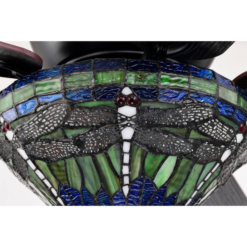 Penana 52-Inch Flushmount Lighted Ceiling Fan Green Blue Dragonfly Tiffany Glass Lamp Black Finish