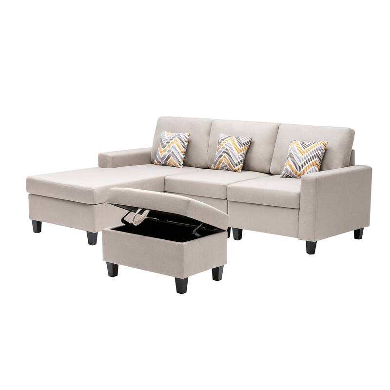 Linen Fabric 4 Piece Reversible Sofa Chaise with Interchangeable Legs, Storage Ottoman, and 3 Pillows in Beige