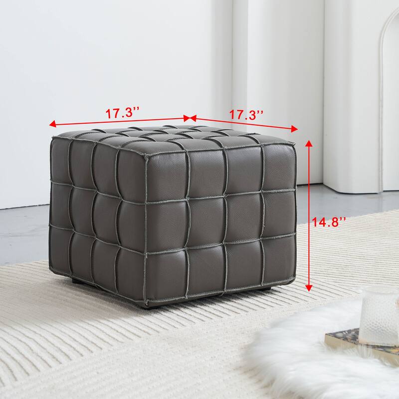 17.32" W Genuine Leather Tufted Ottoman,Footstool for Living Room & Bedroom,Grey