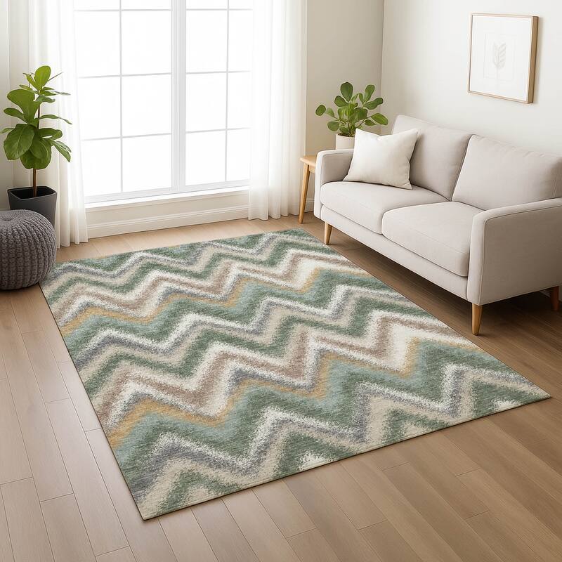 Machine Washable Indoor/ Outdoor Modern Chevron Chantille Rug