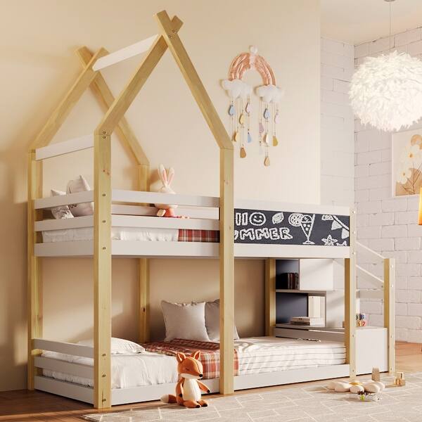 slide 2 of 18, Twin Over Twin House Bunk Bed with Staircase and Blackboards Guardrail White