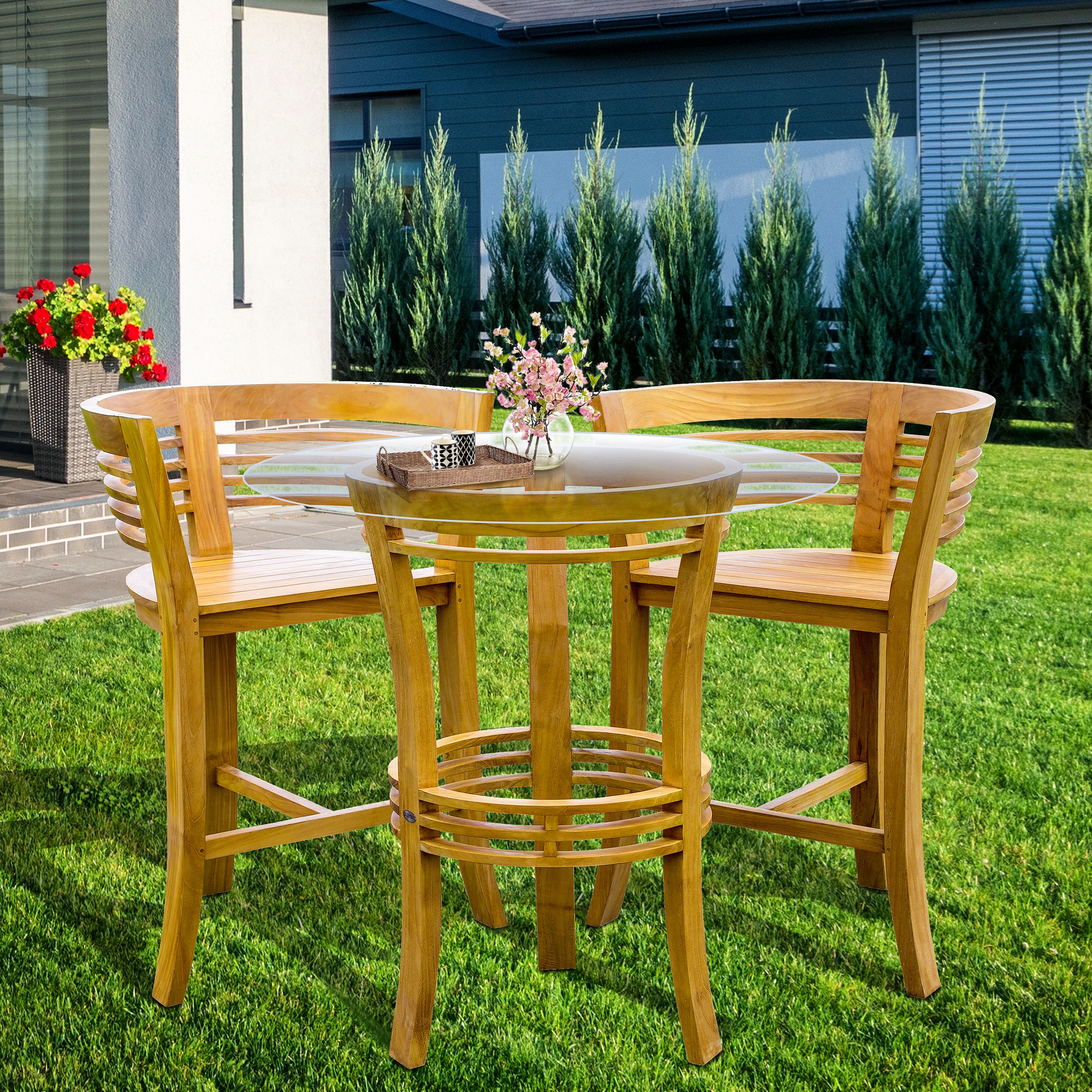 Chic Teak 3 Piece Teak Wood Half Moon Bistro Bar Set with 36