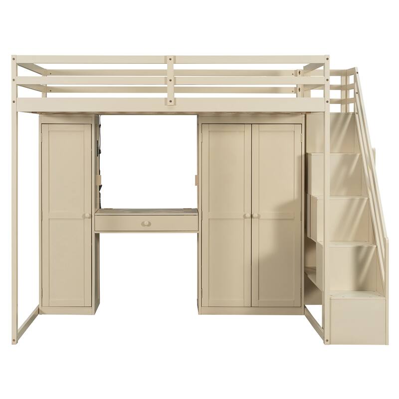 Full Size Loft Bed Frame for Kids with Storage Staircase, Wardrobe, Cabinets, USB, LED and Dressing Table with Mirror and Drawer