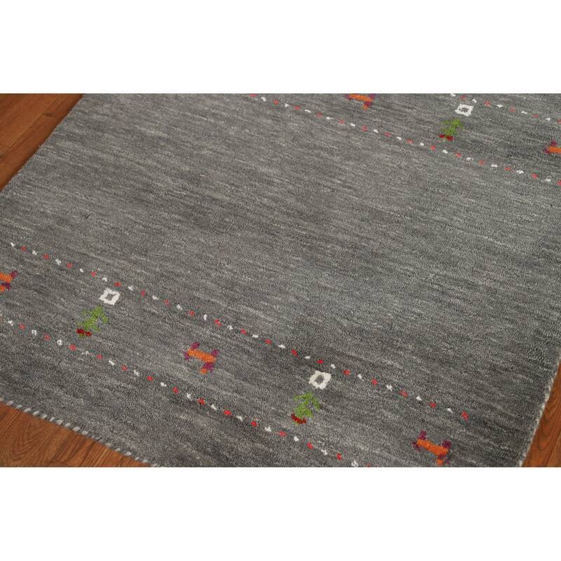 Hand Knotted Oriental 100% Wool Carpet Tribal Animal Pictorial Greys & Charcoal Gabbeh Area Rug - 4' 11'' X 3' 0''